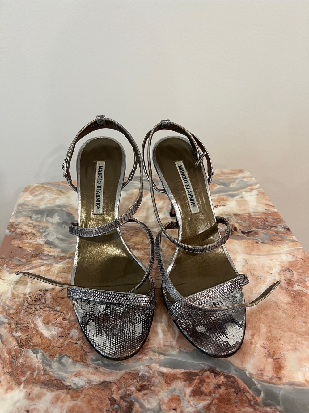 Manolo Blahnik Metallic Silver Snakeskin-Print Strappy Heels